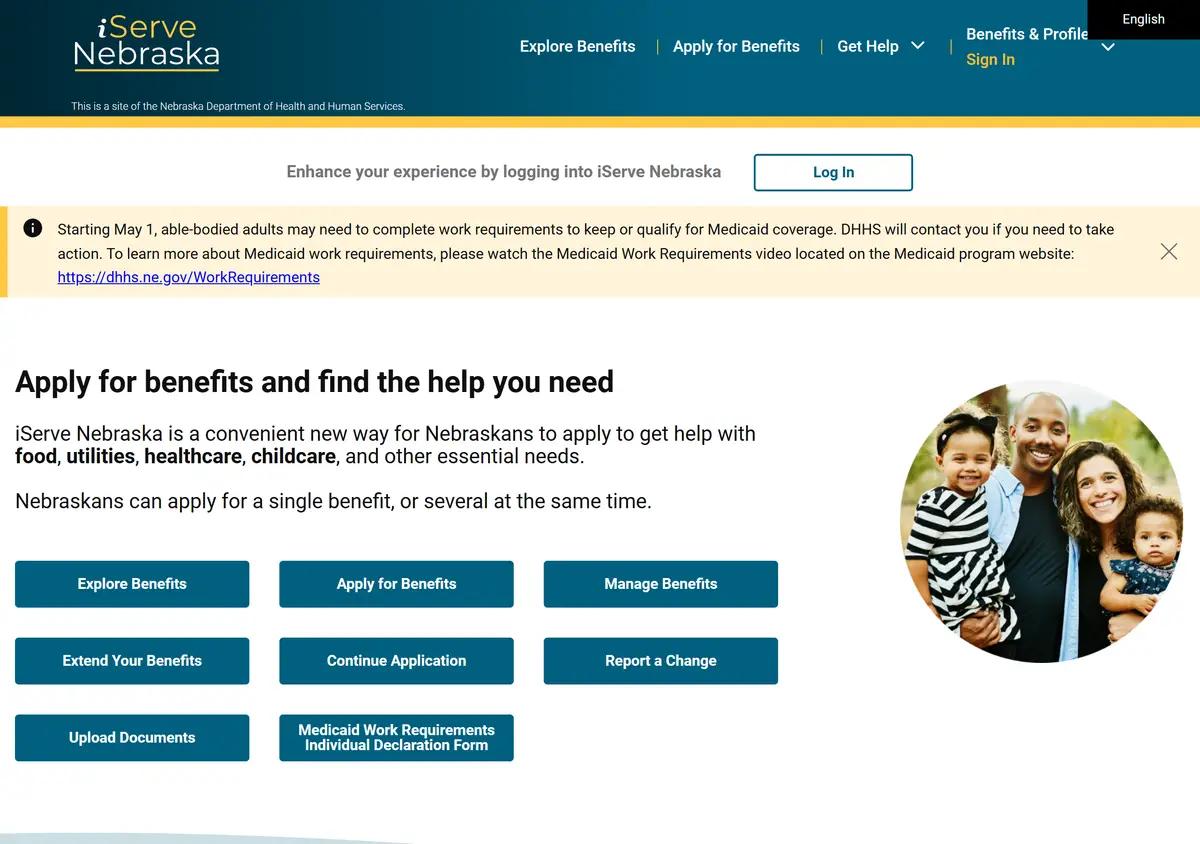 The iServe Nebraska online benefits application.