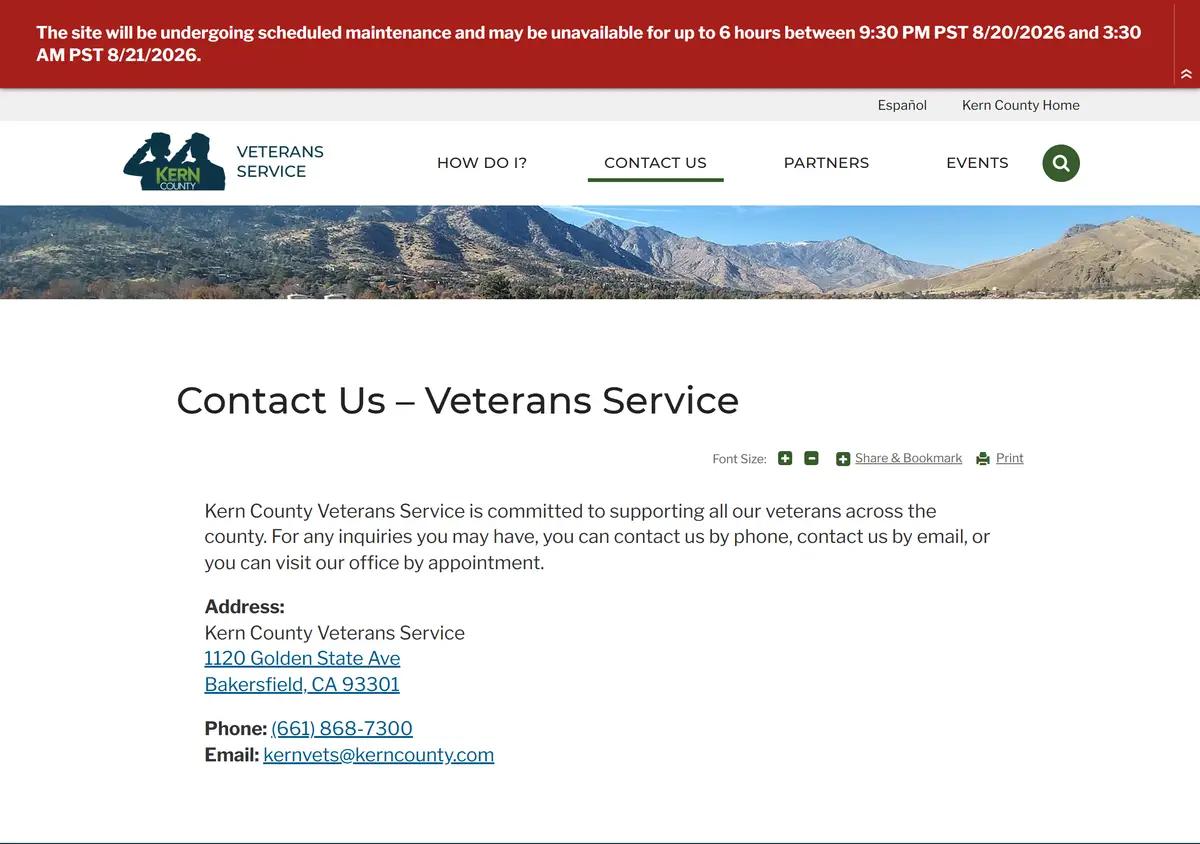 The Kern County Veterans Service Department page.