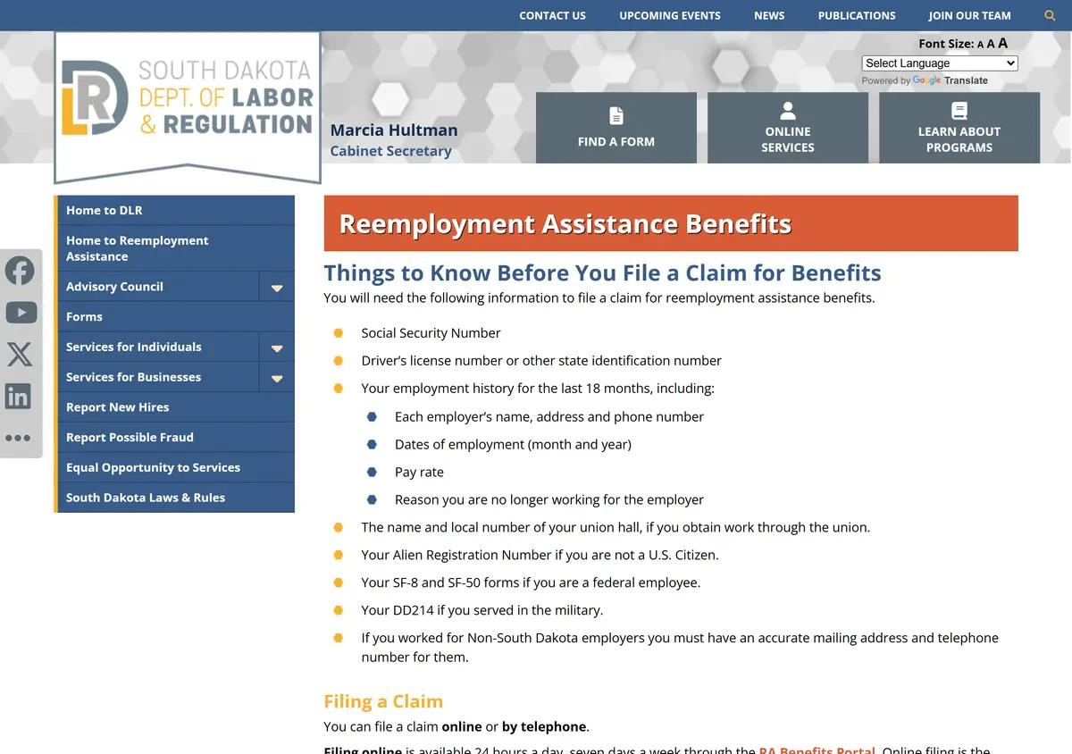 The South Dakota DLR file-a-claim page.