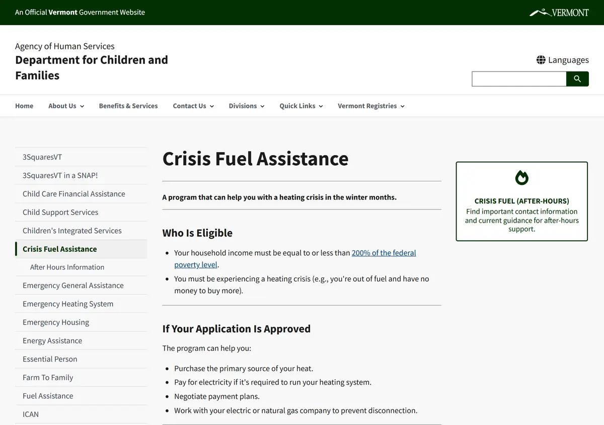 The Vermont Crisis Fuel Assistance program page.