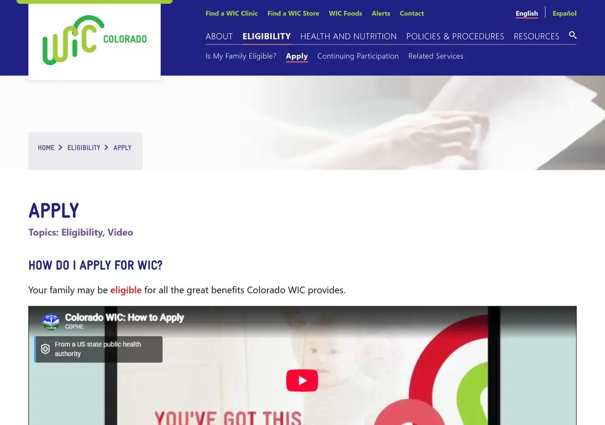 The Colorado WIC eligibility and apply page.