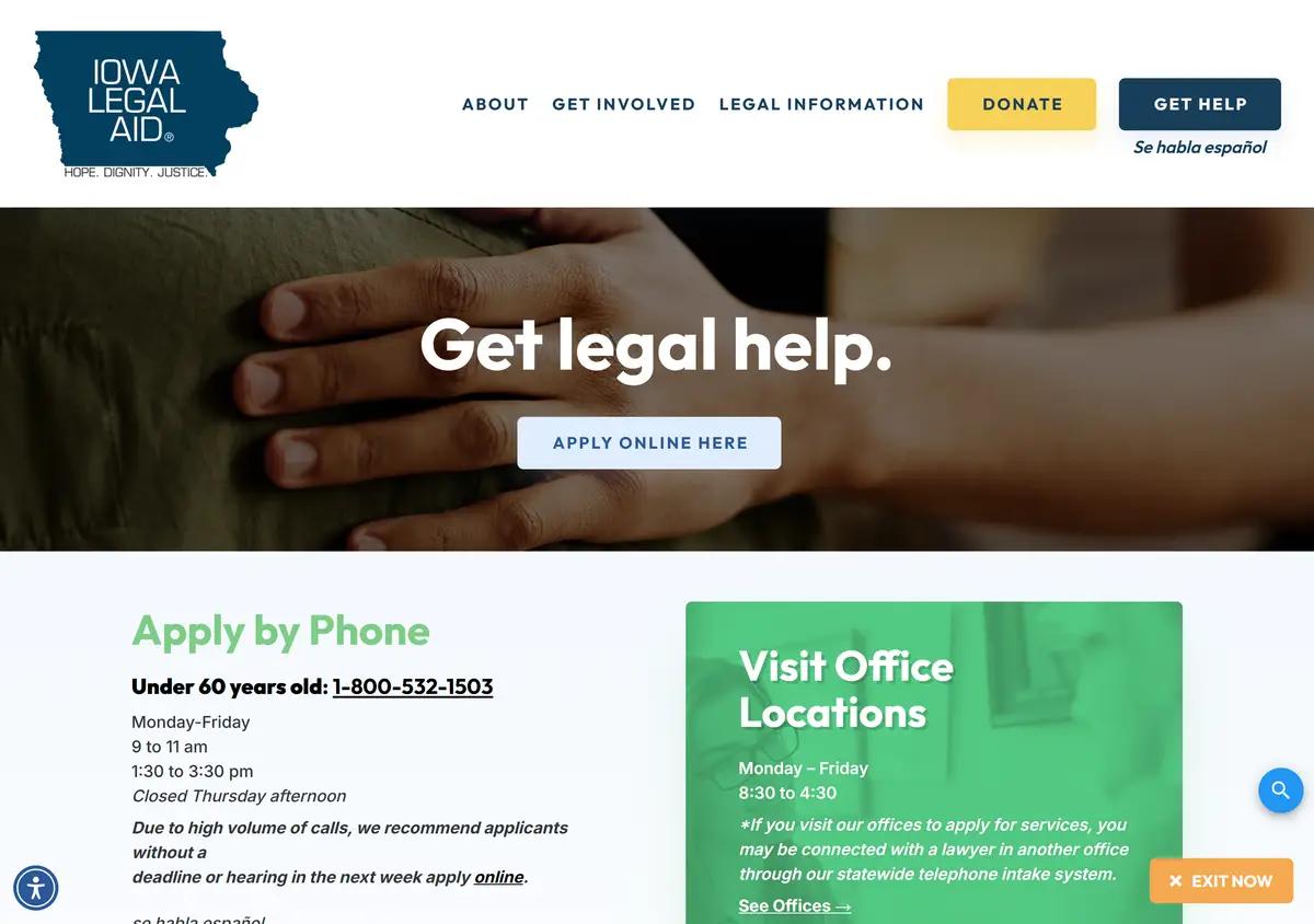 The Iowa Legal Aid get-help application page.