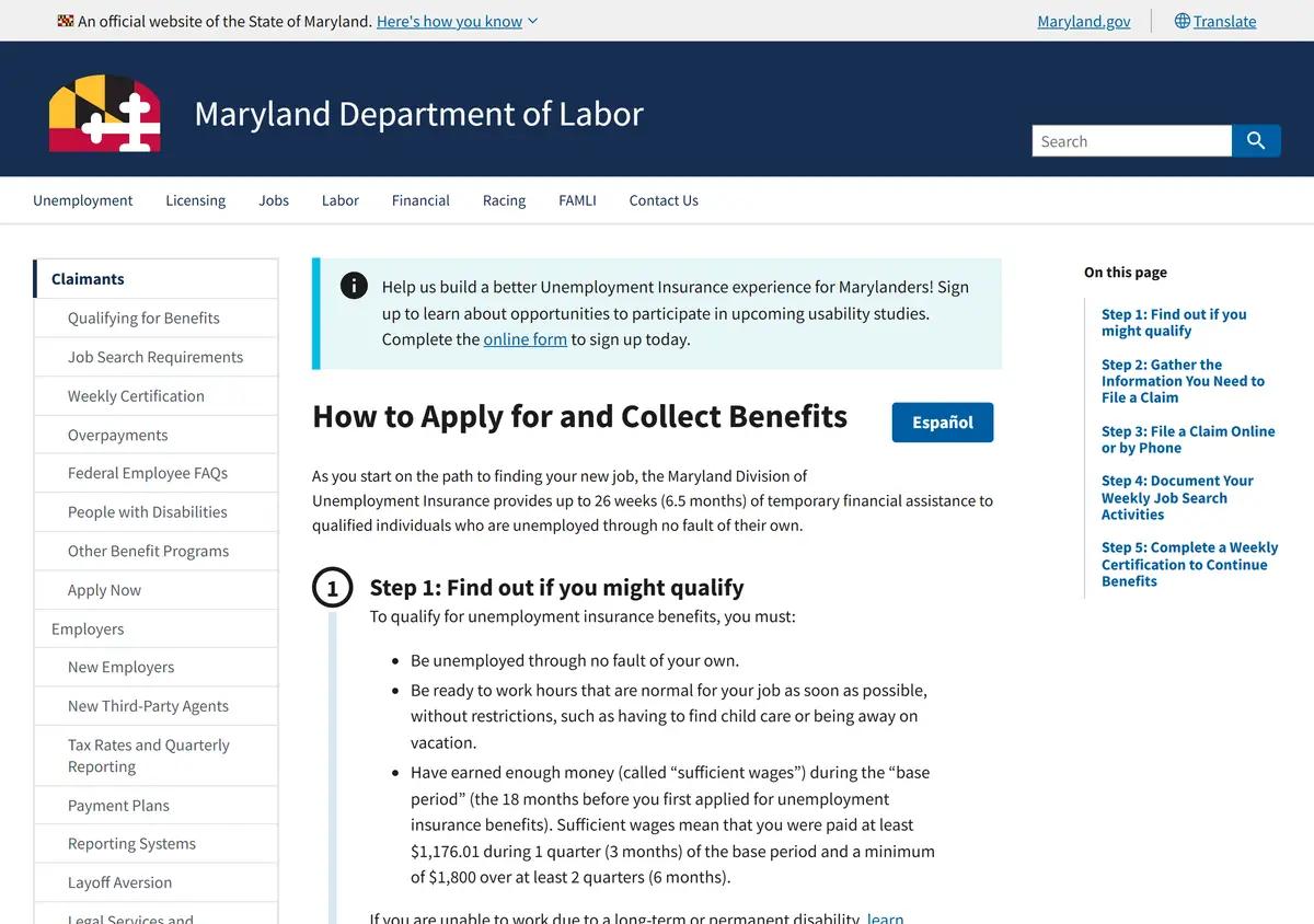 The Maryland unemployment claimants page.