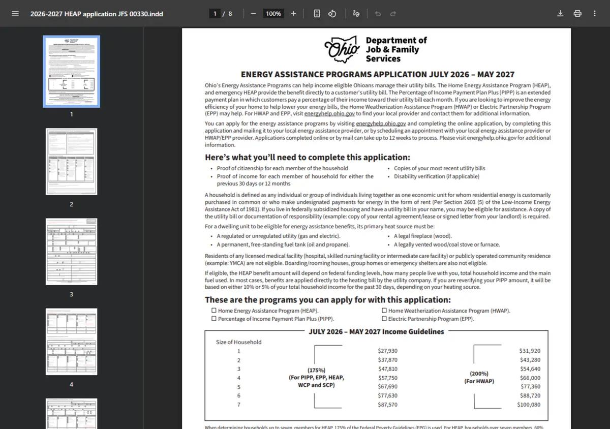 Form JFS 00330, the paper Energy Assistance Application.