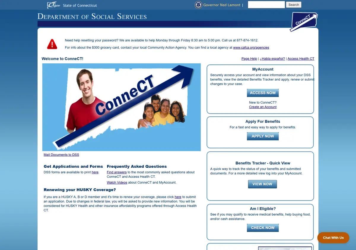 The Connecticut ConneCT benefits portal.