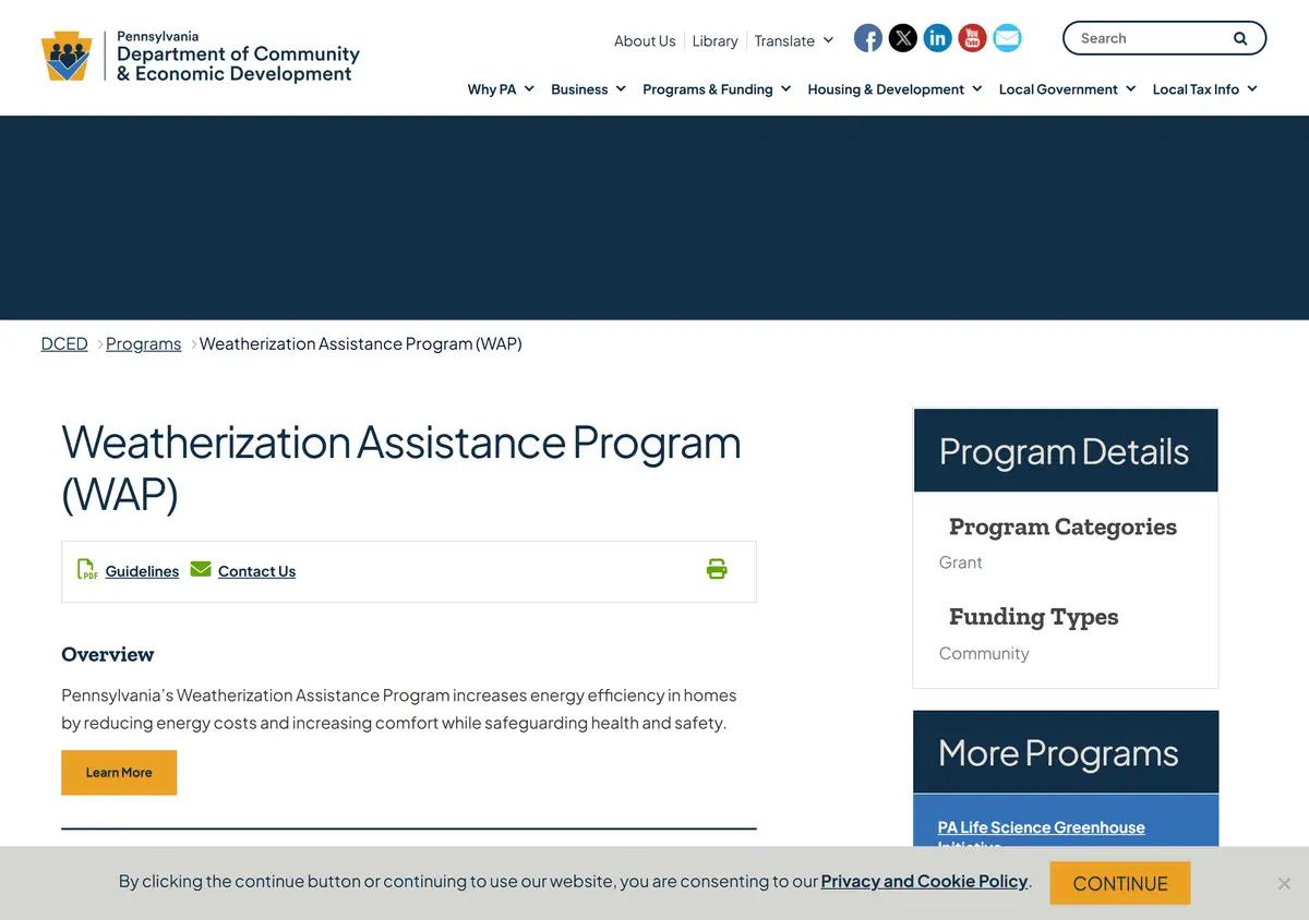 The Pennsylvania DCED Weatherization Assistance Program page.