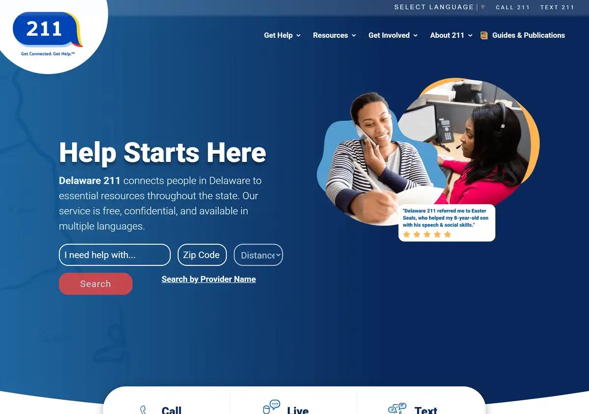 The Delaware 211 homepage.