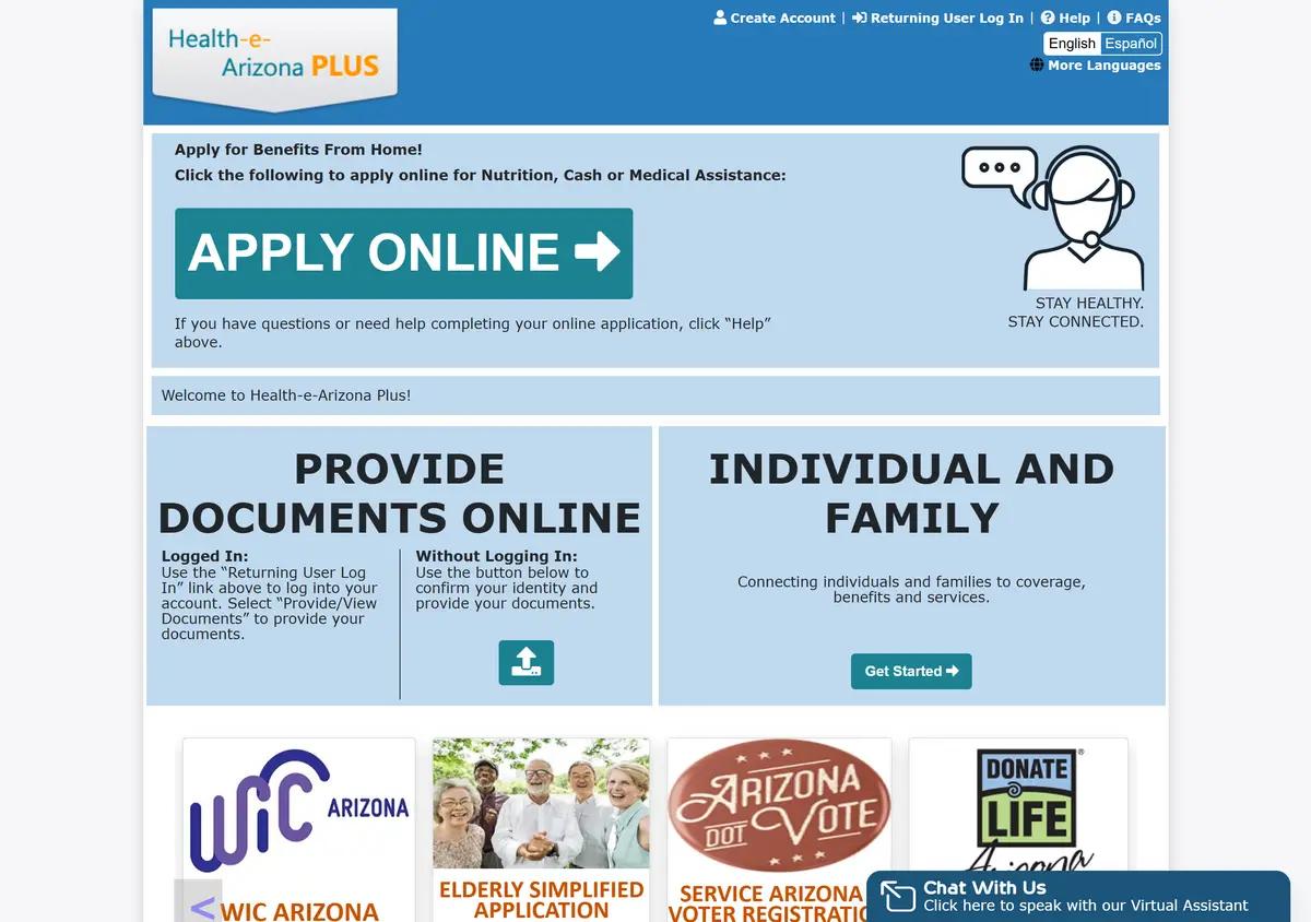 The Health-e-Arizona Plus application portal.