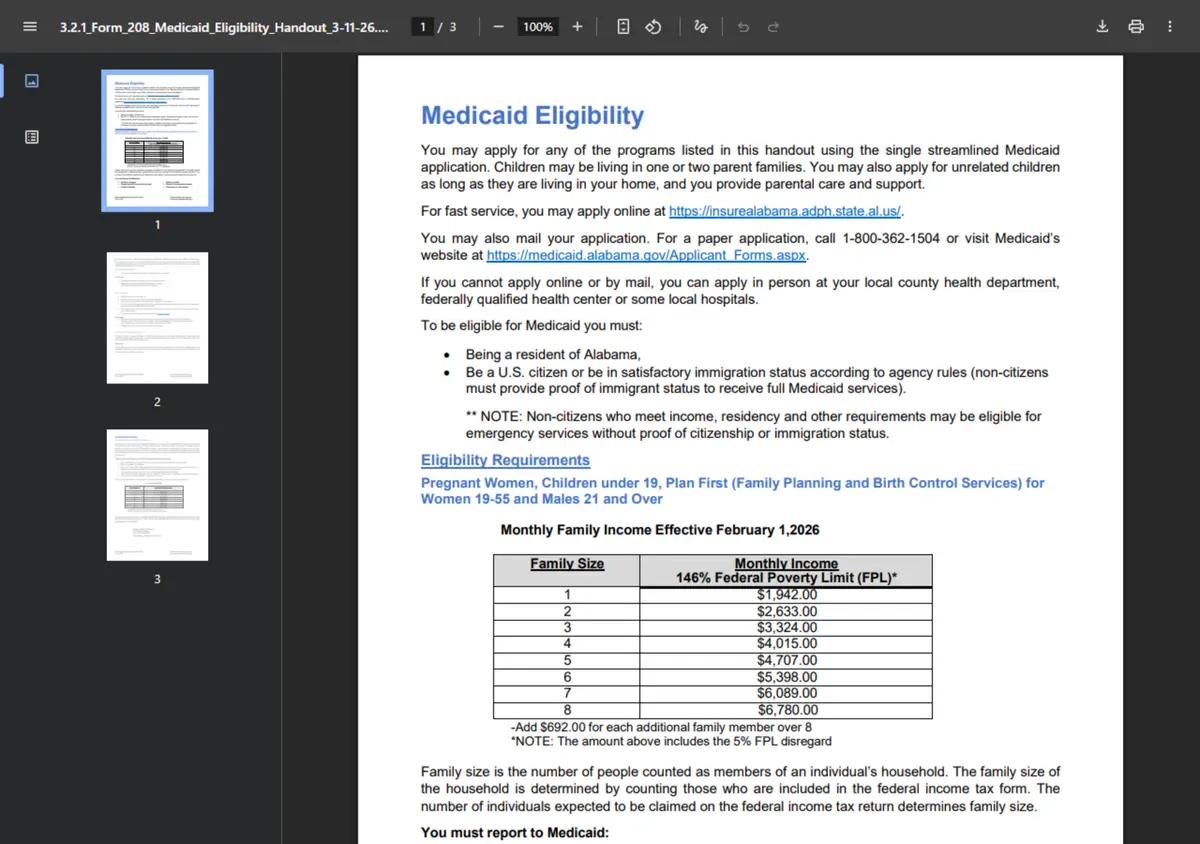 The Alabama Medicaid eligibility handout for children and caretakers.