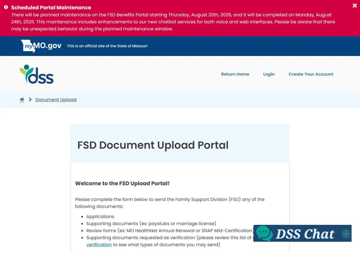 The Missouri MyDSS document upload portal.