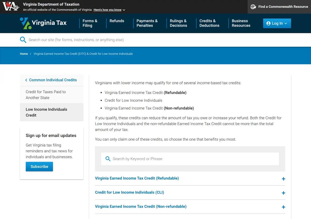 The Virginia Tax page covering the EITC options and the CLI.