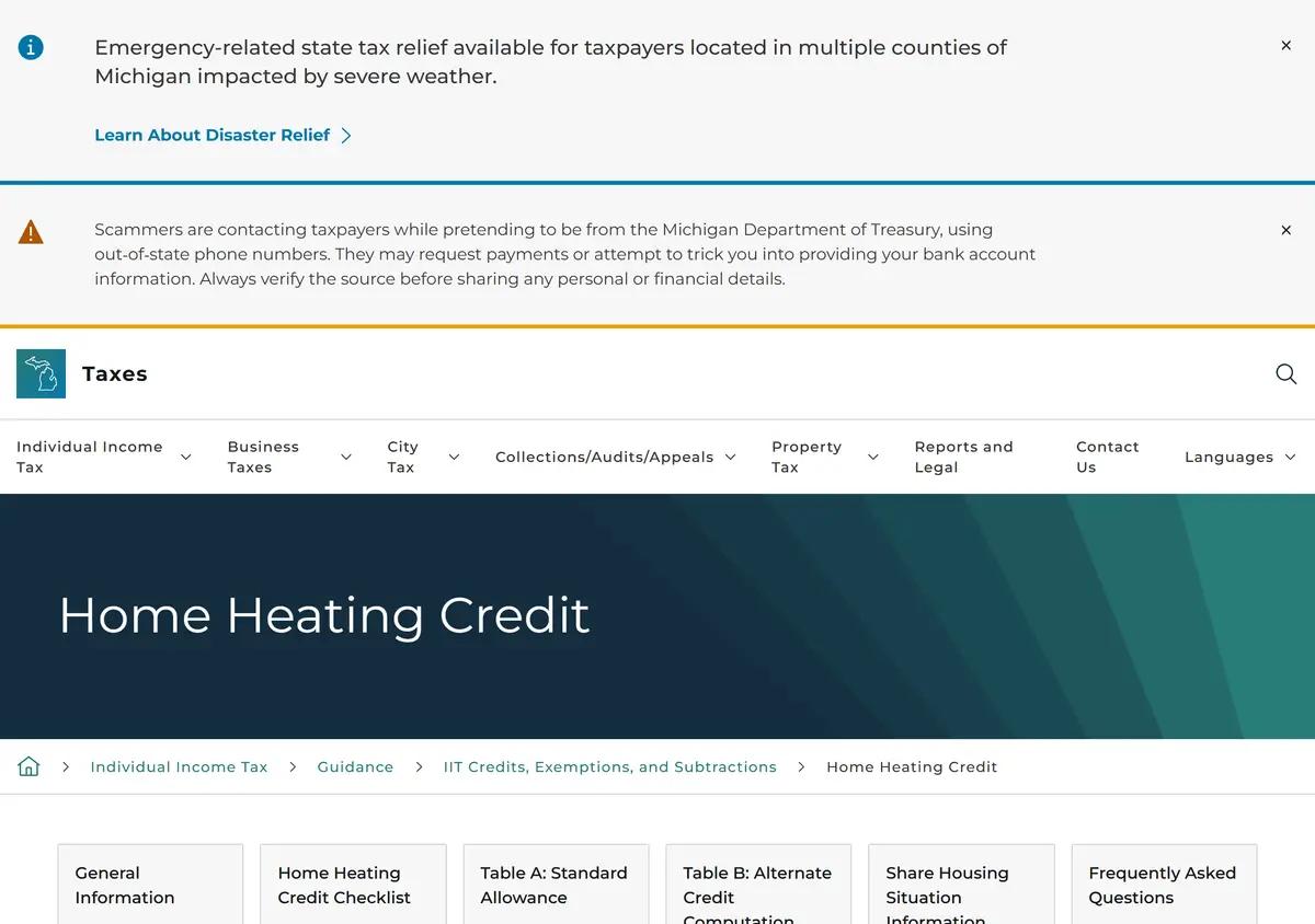 The Michigan Treasury Home Heating Credit page.