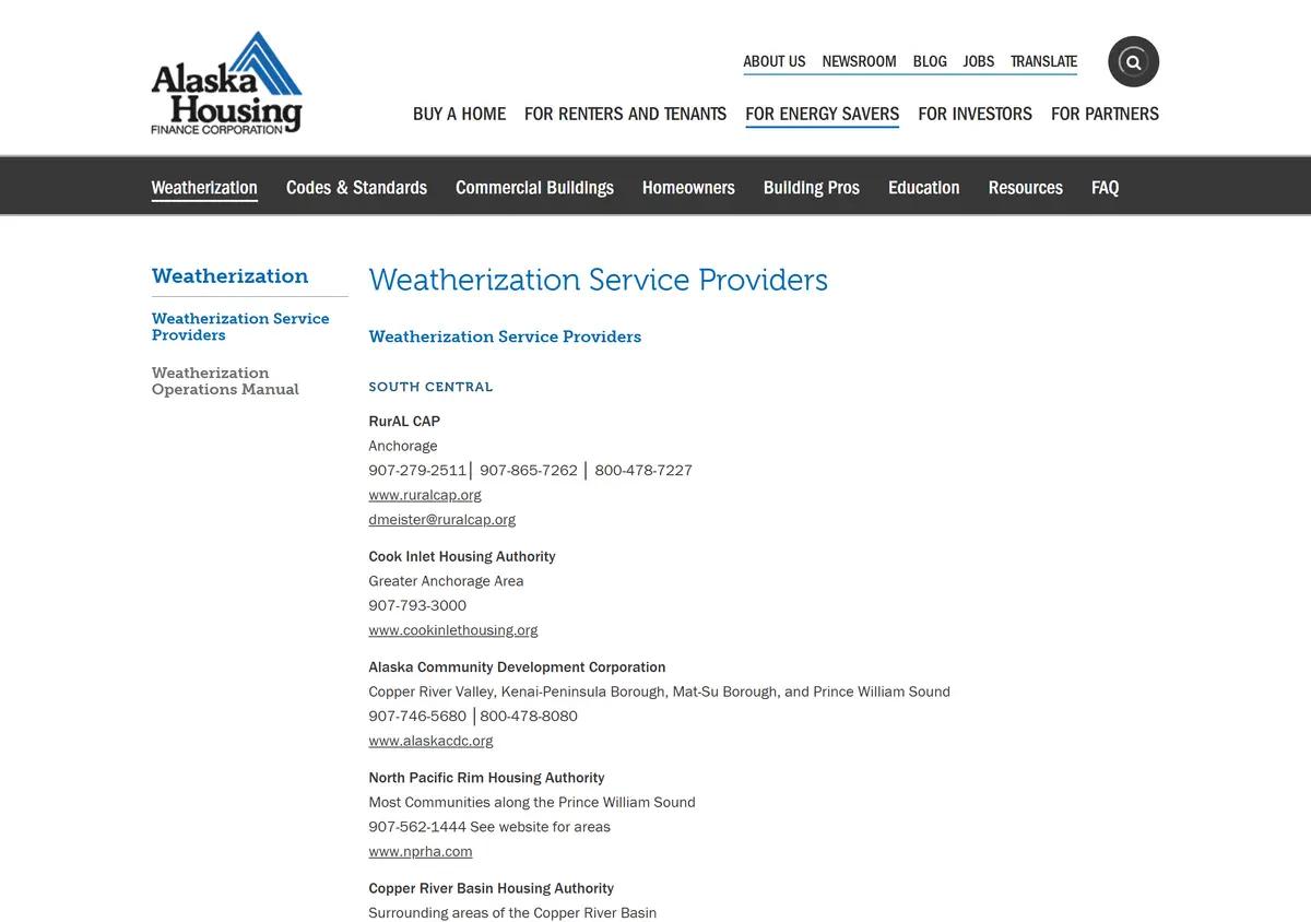 The AHFC list of weatherization service providers.