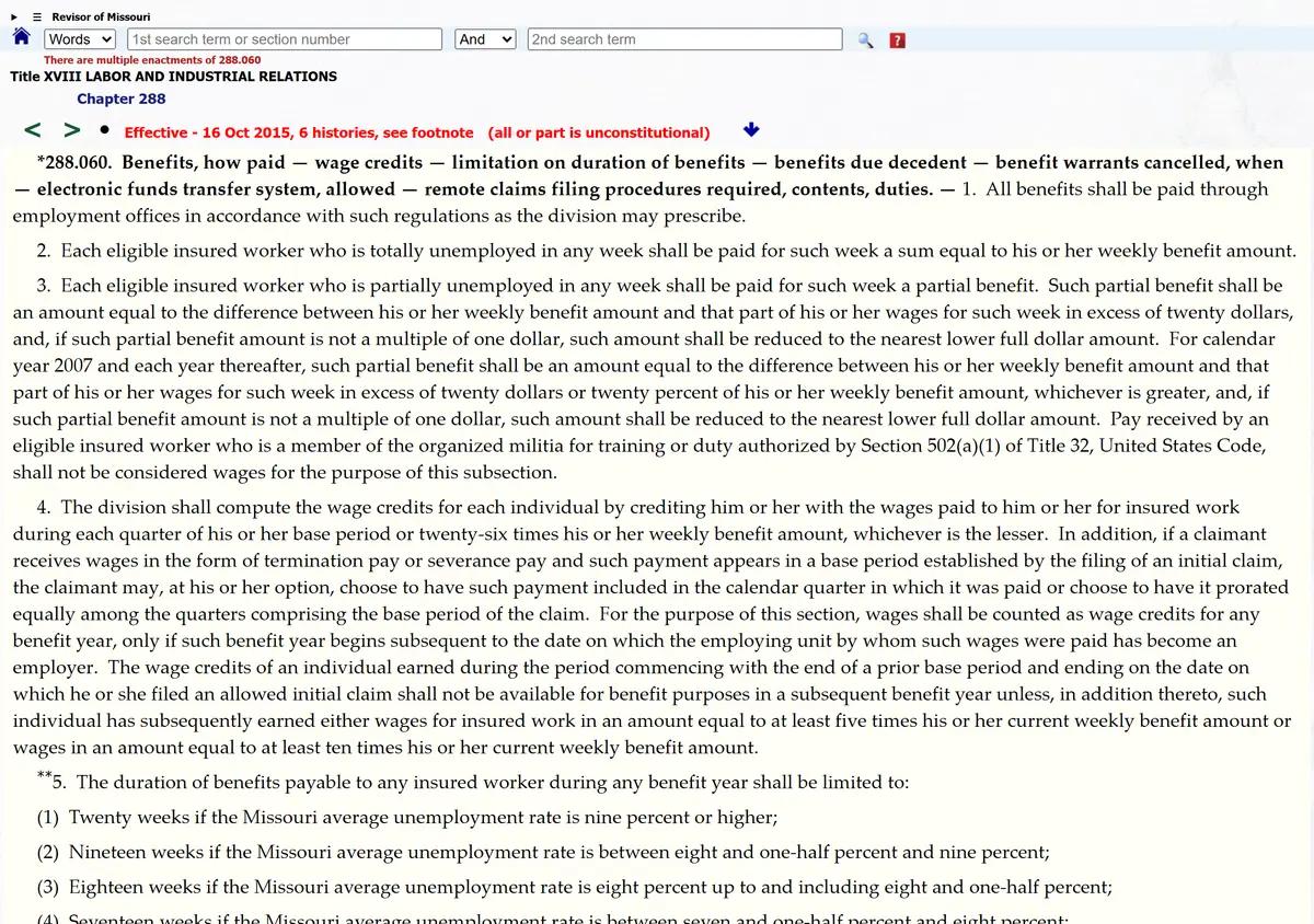 Missouri Statute 288.060 on unemployment benefit duration.