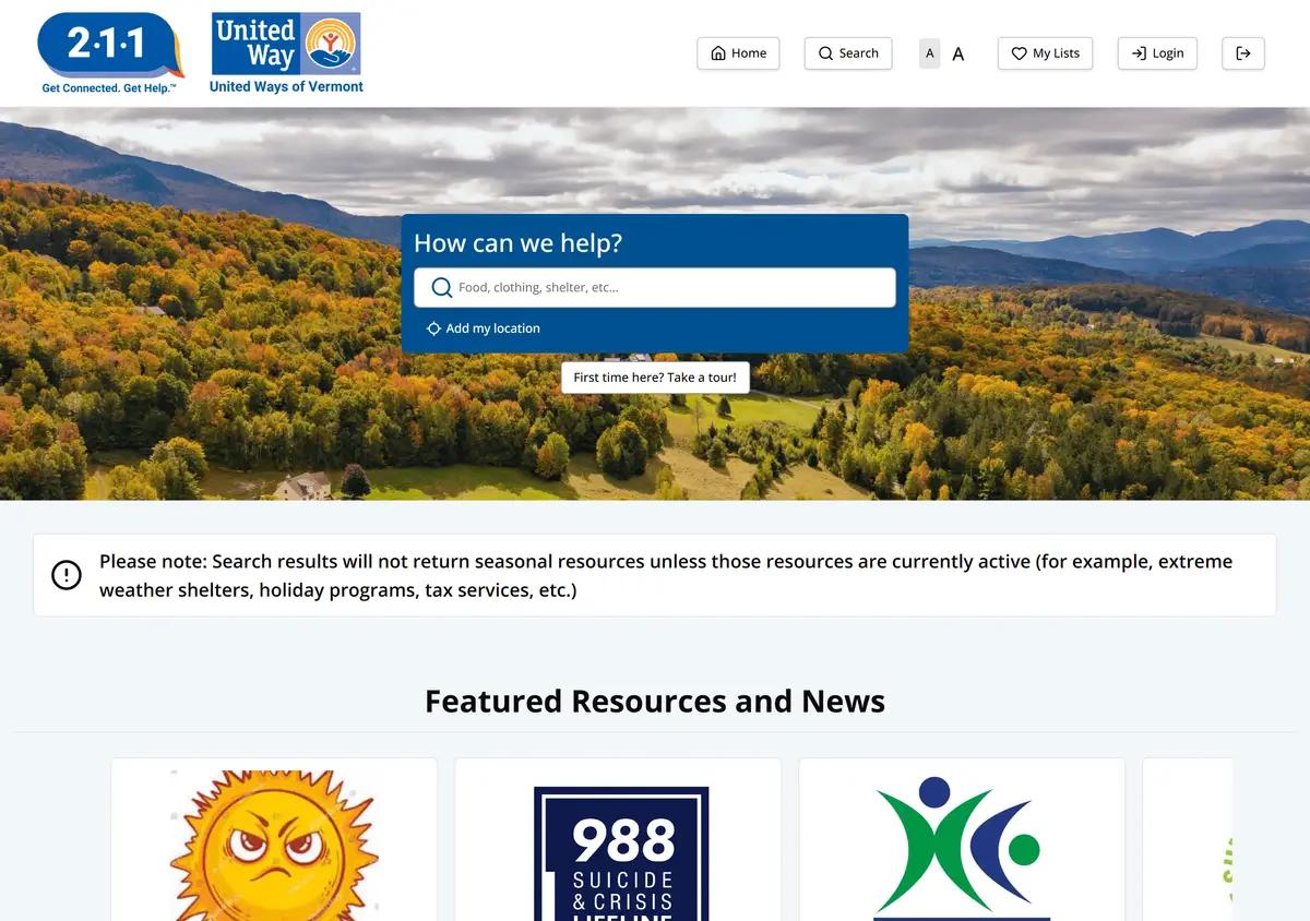 The Vermont 211 online resource search.