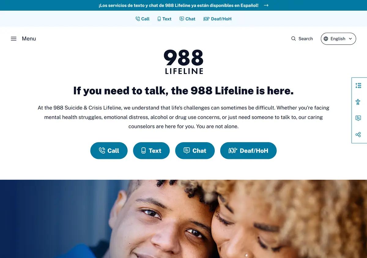 The 988 Suicide and Crisis Lifeline homepage.