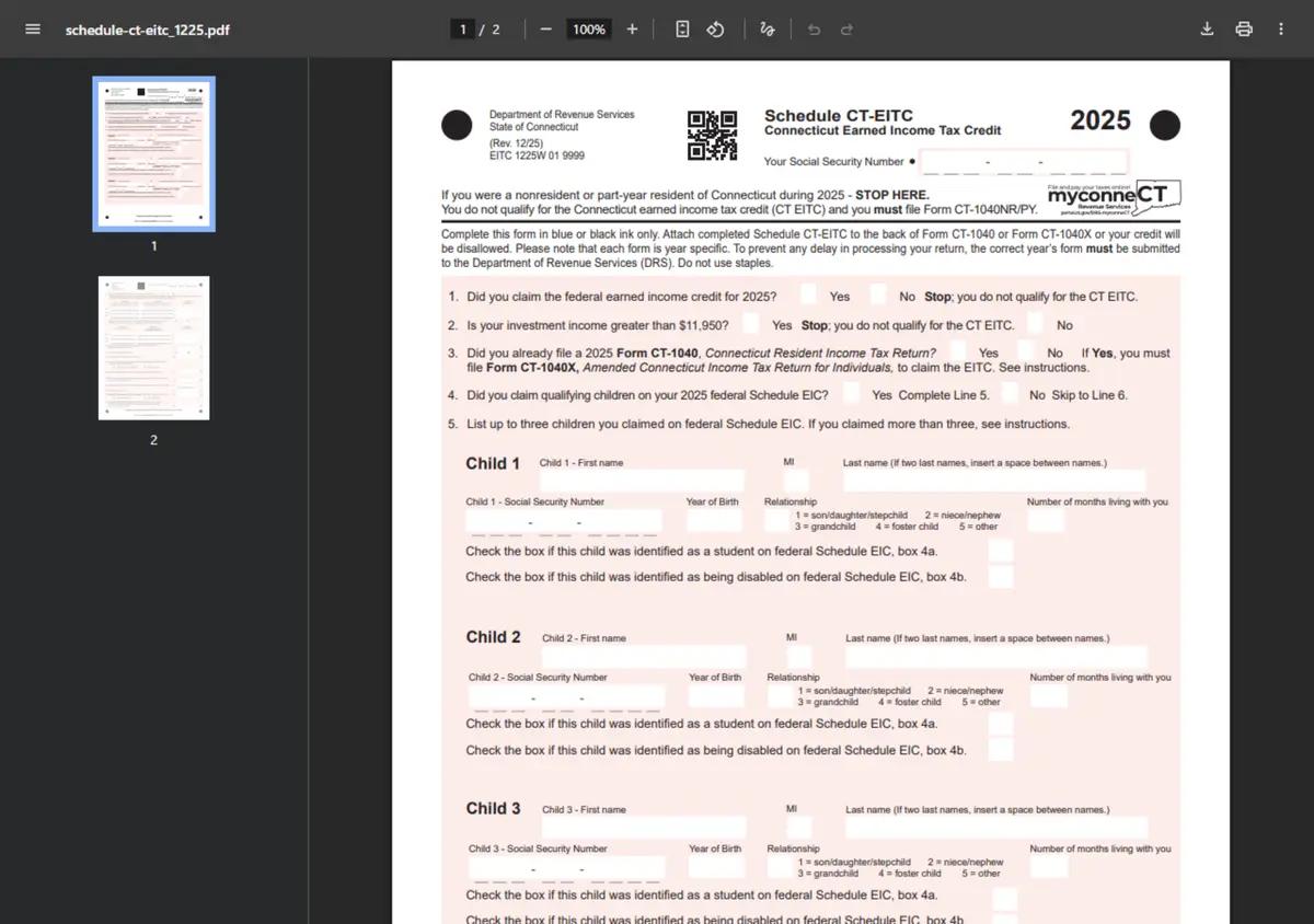 The Connecticut Schedule CT-EITC tax form.