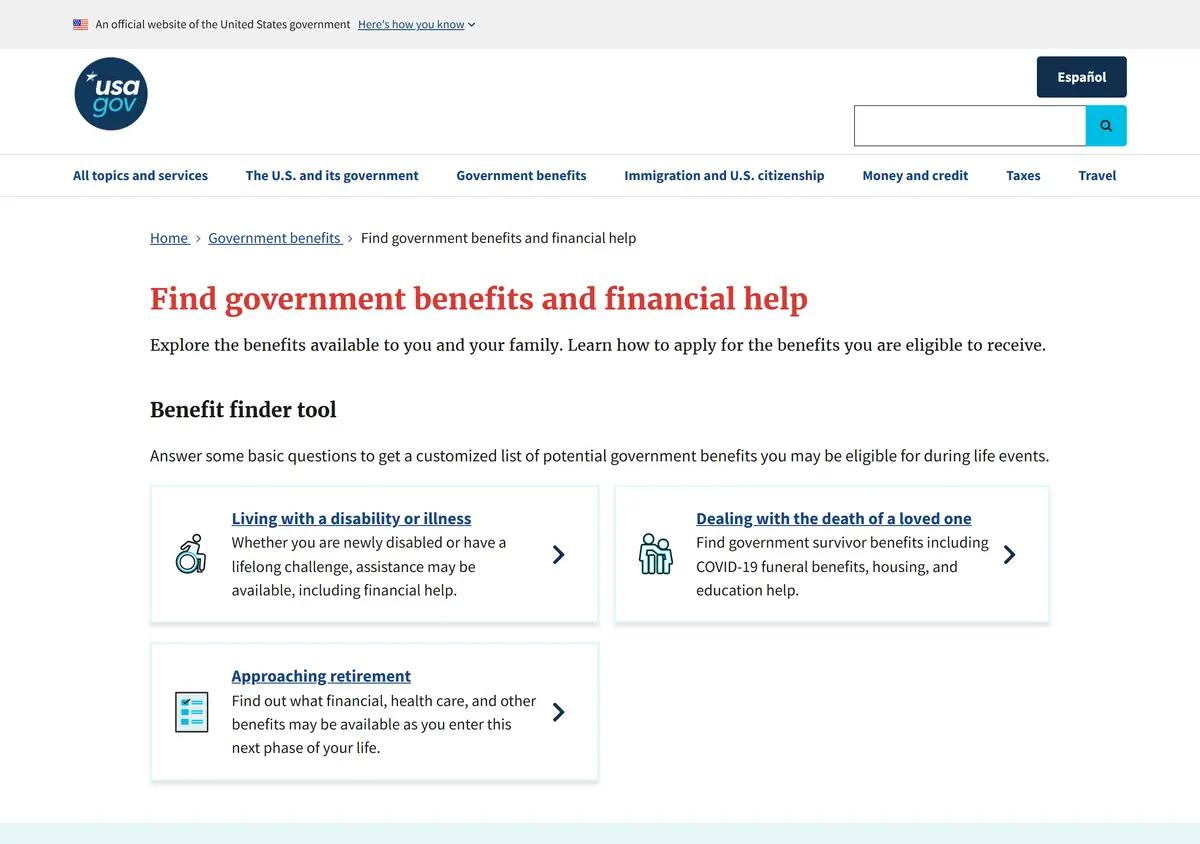 The USAGov Benefit Finder page.