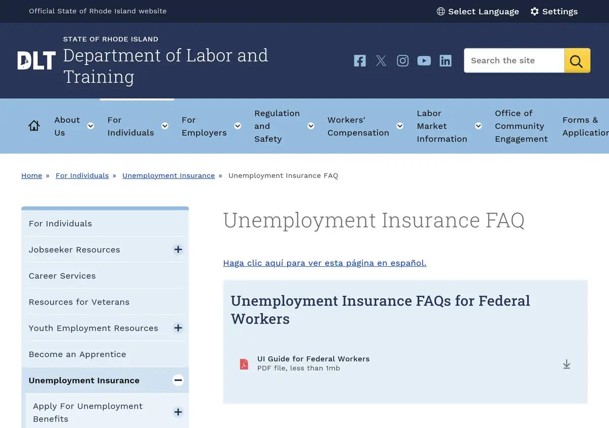 The Rhode Island DLT unemployment insurance FAQ page.