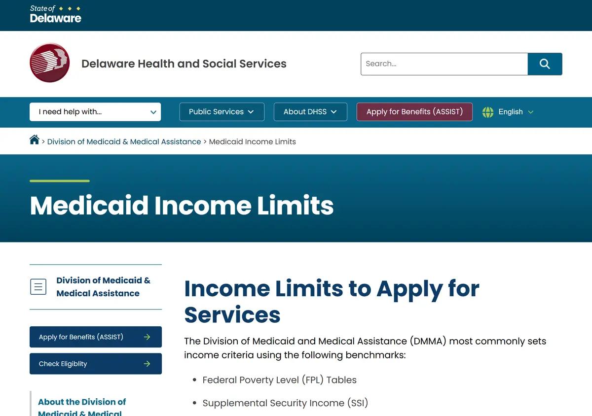 The Delaware Medicaid income limits page.