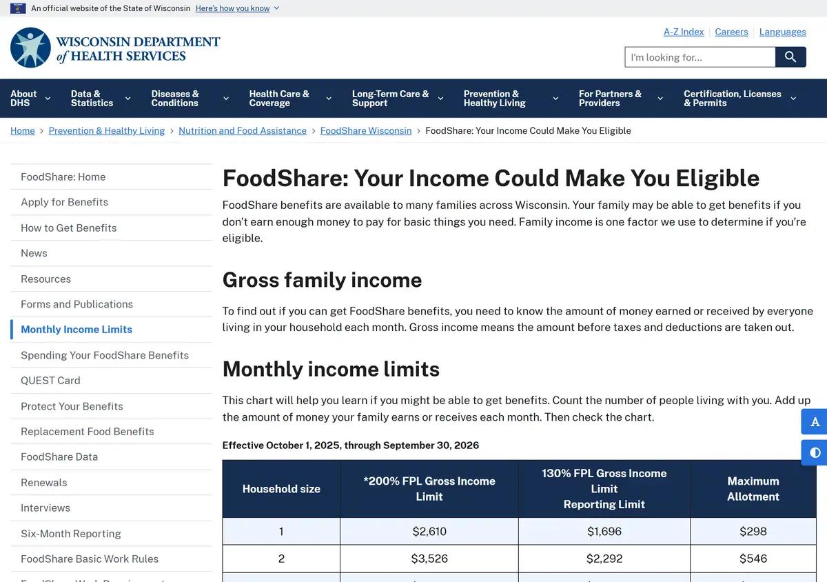 The Wisconsin DHS FoodShare income limits page.