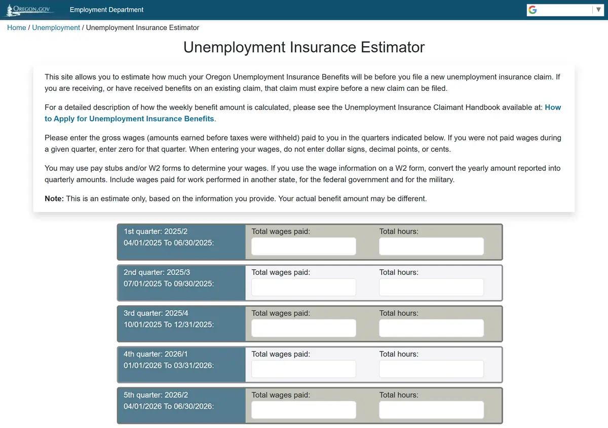 The Oregon unemployment benefit estimator.