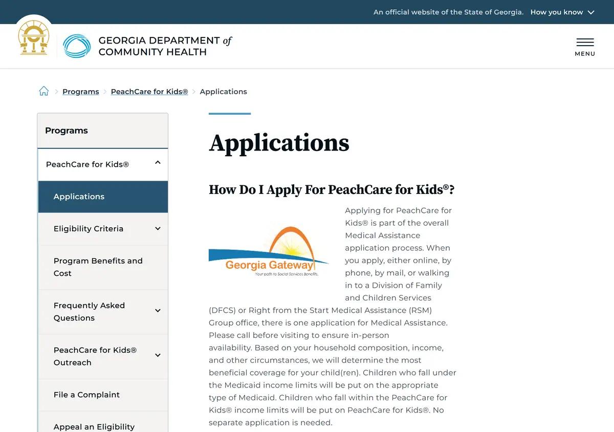 The Georgia DCH PeachCare for Kids program page.