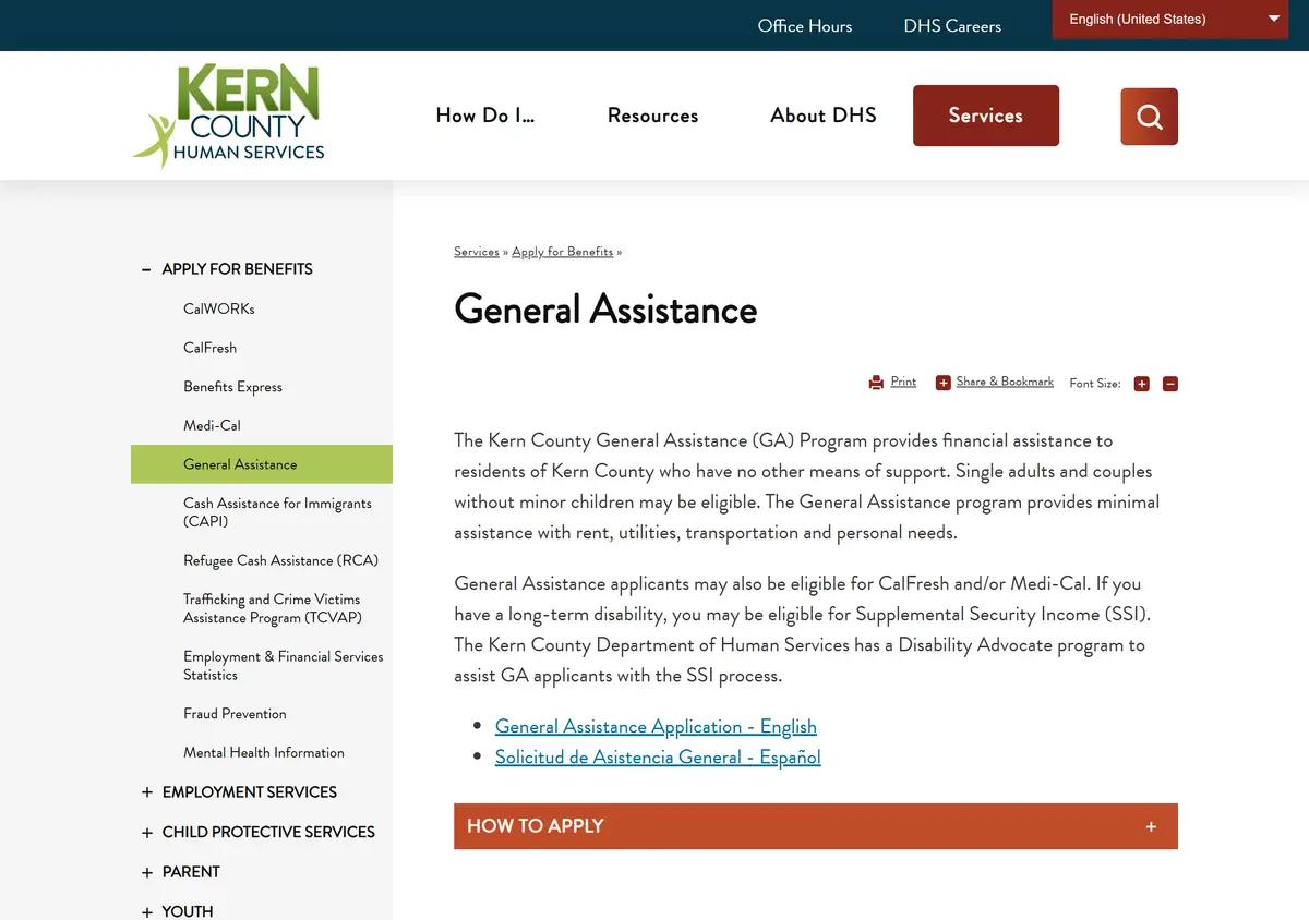 The Kern County DHS General Assistance page.
