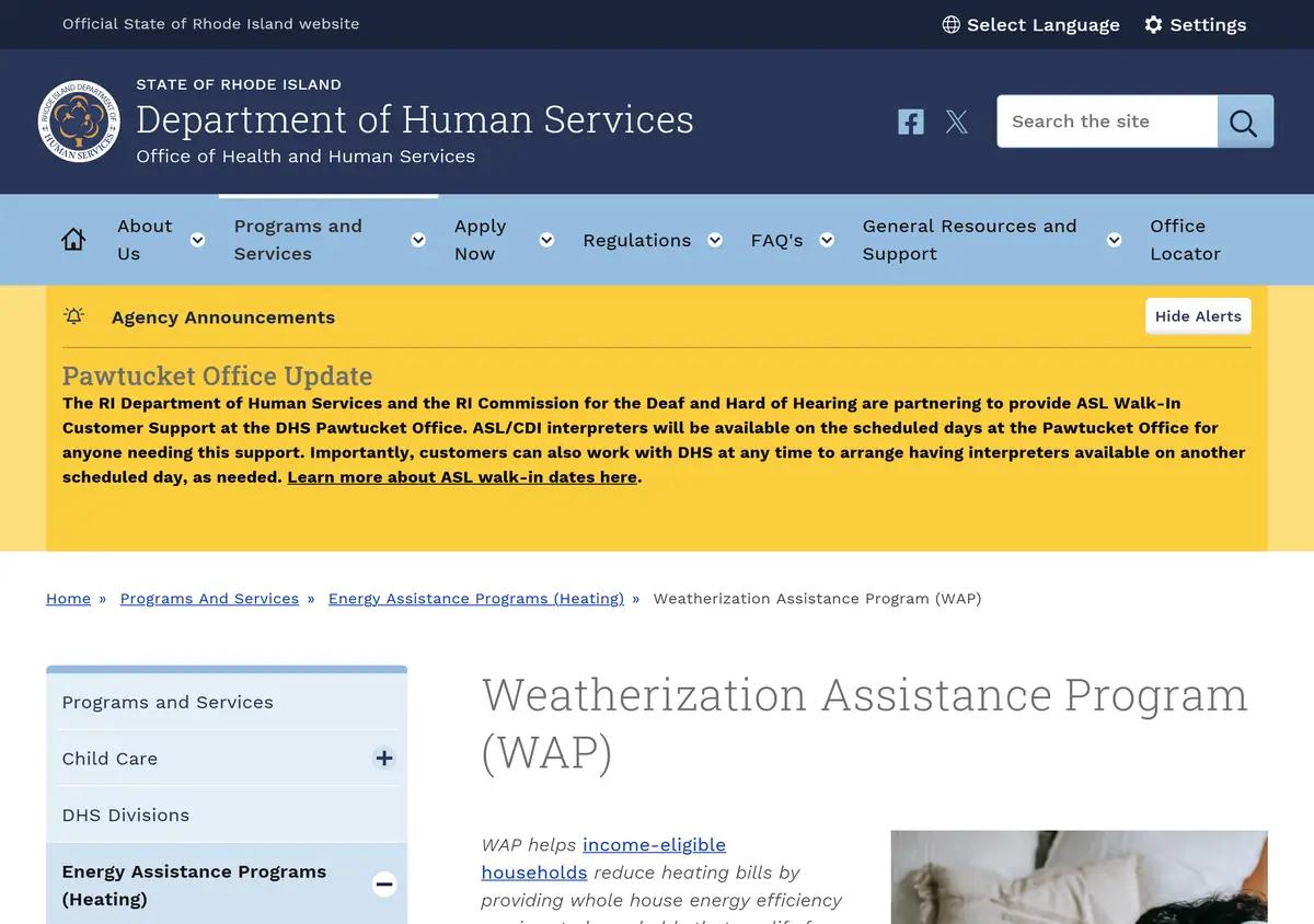 The Rhode Island DHS Weatherization Assistance Program page.