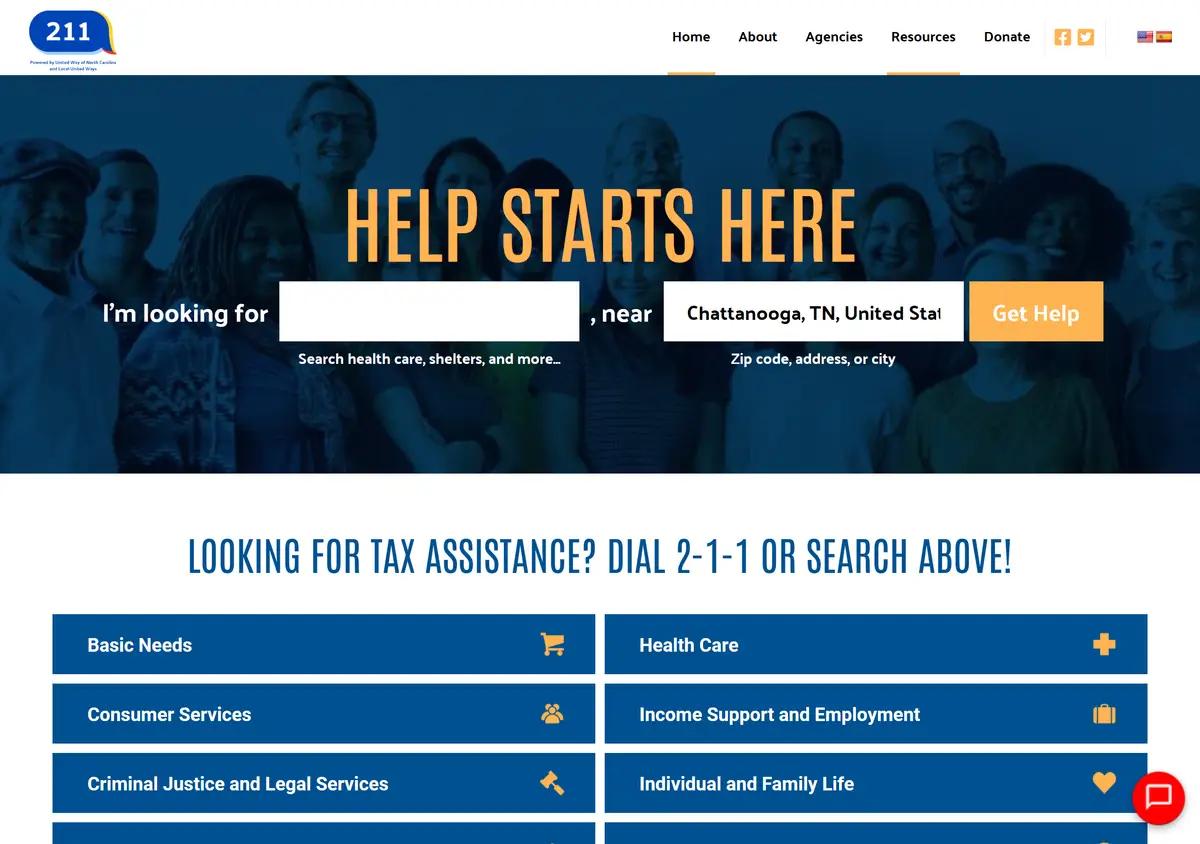 The NC 211 homepage with its search and chat options.