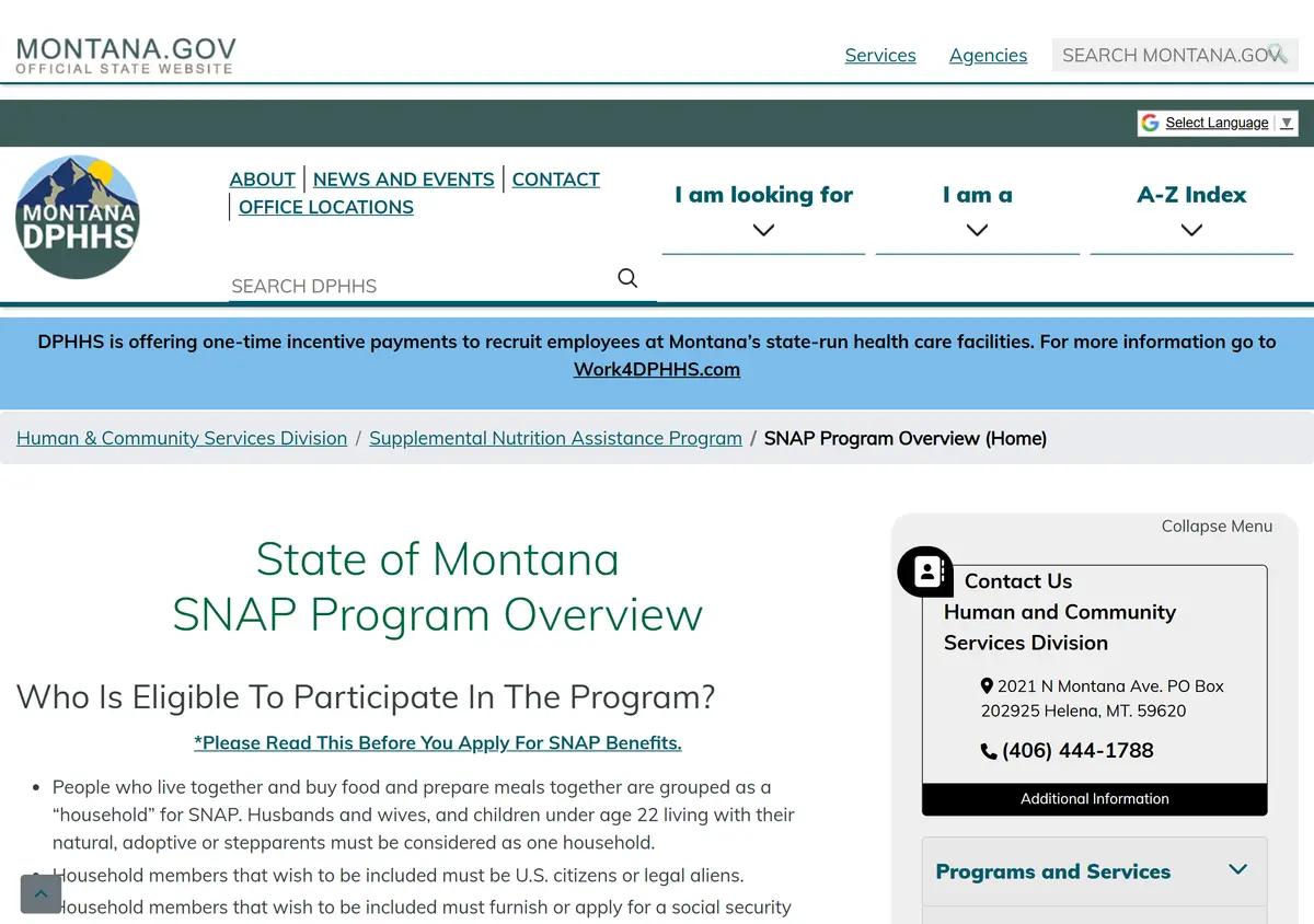 The Montana DPHHS SNAP program page.