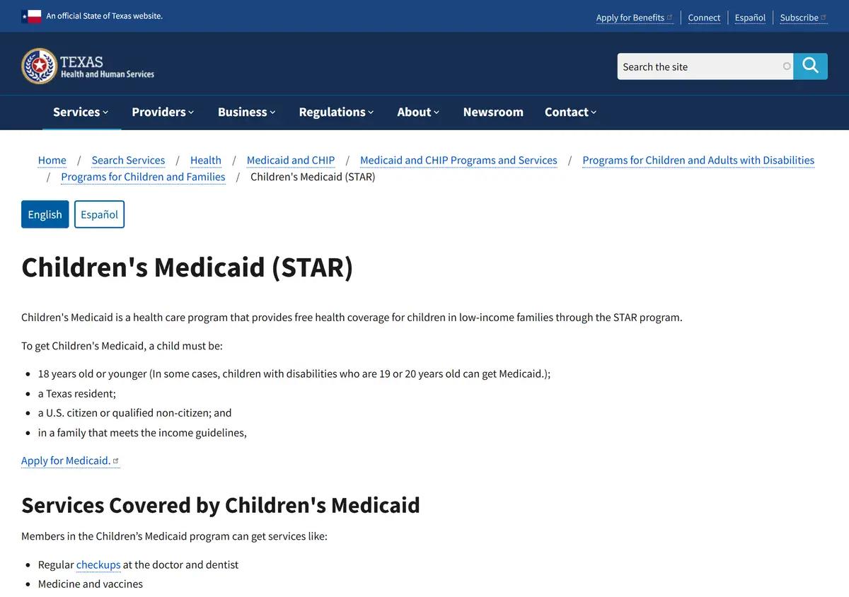 The Texas Children's Medicaid STAR page.