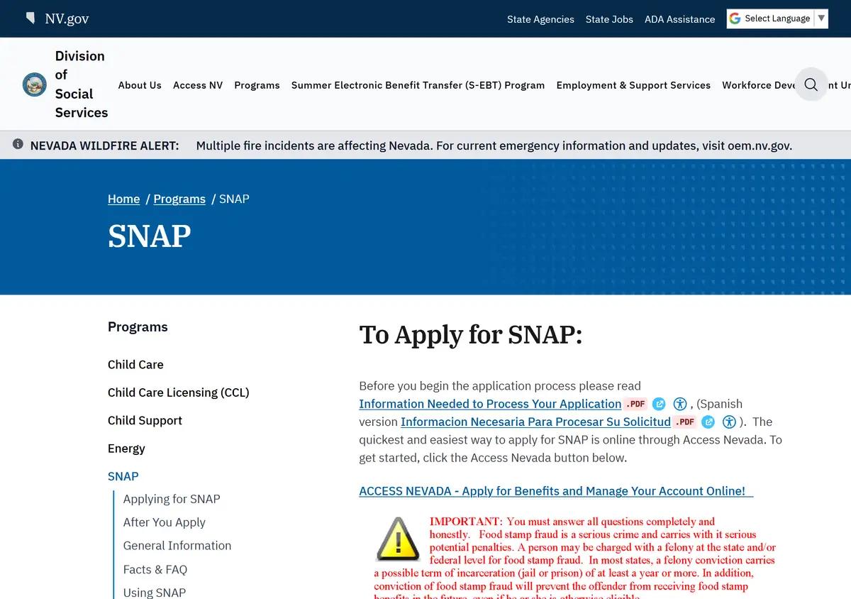 The Nevada Division of Social Services SNAP page.