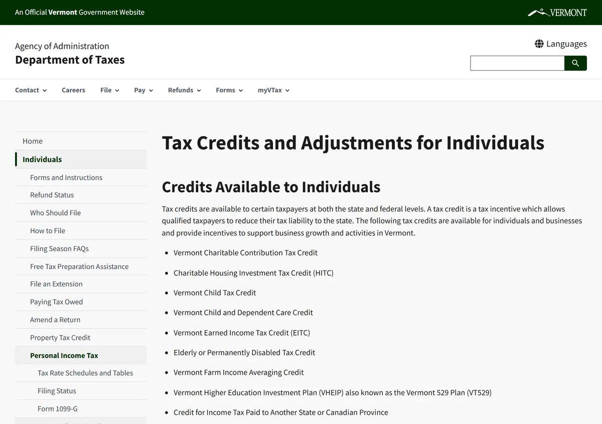 The Vermont Department of Taxes tax credits page.