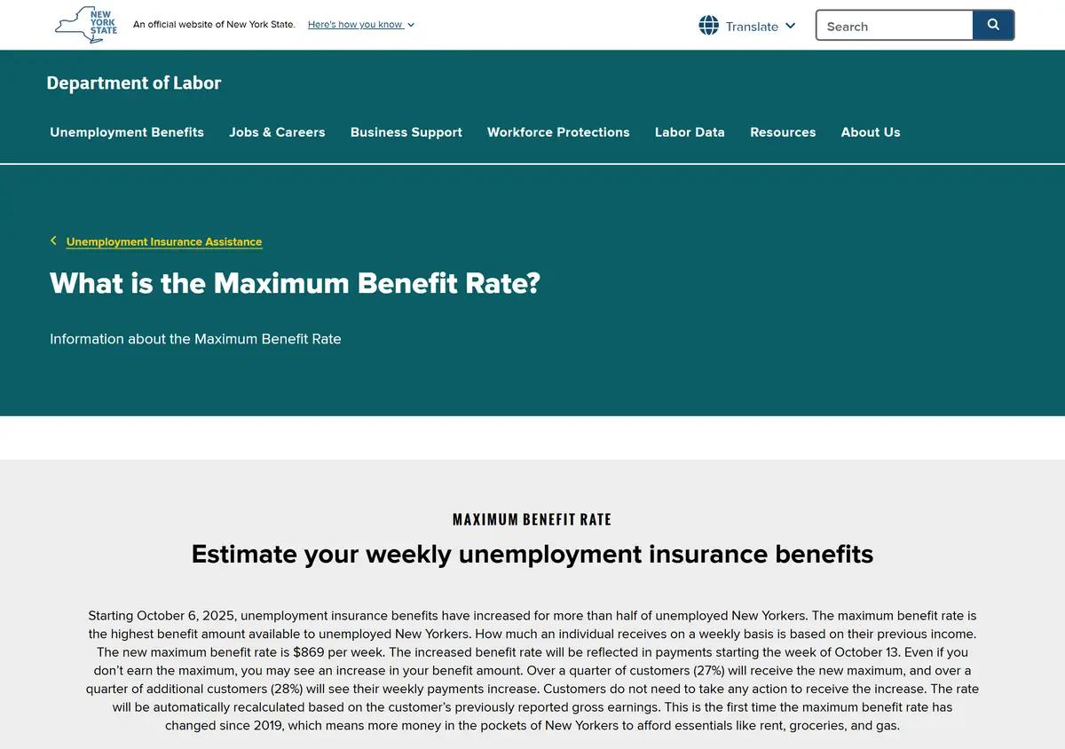 The DOL maximum benefit rate page showing the current $869 weekly maximum.