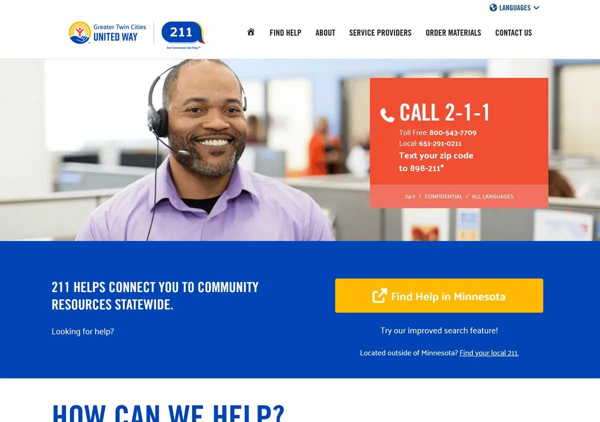 The United Way 211 homepage.