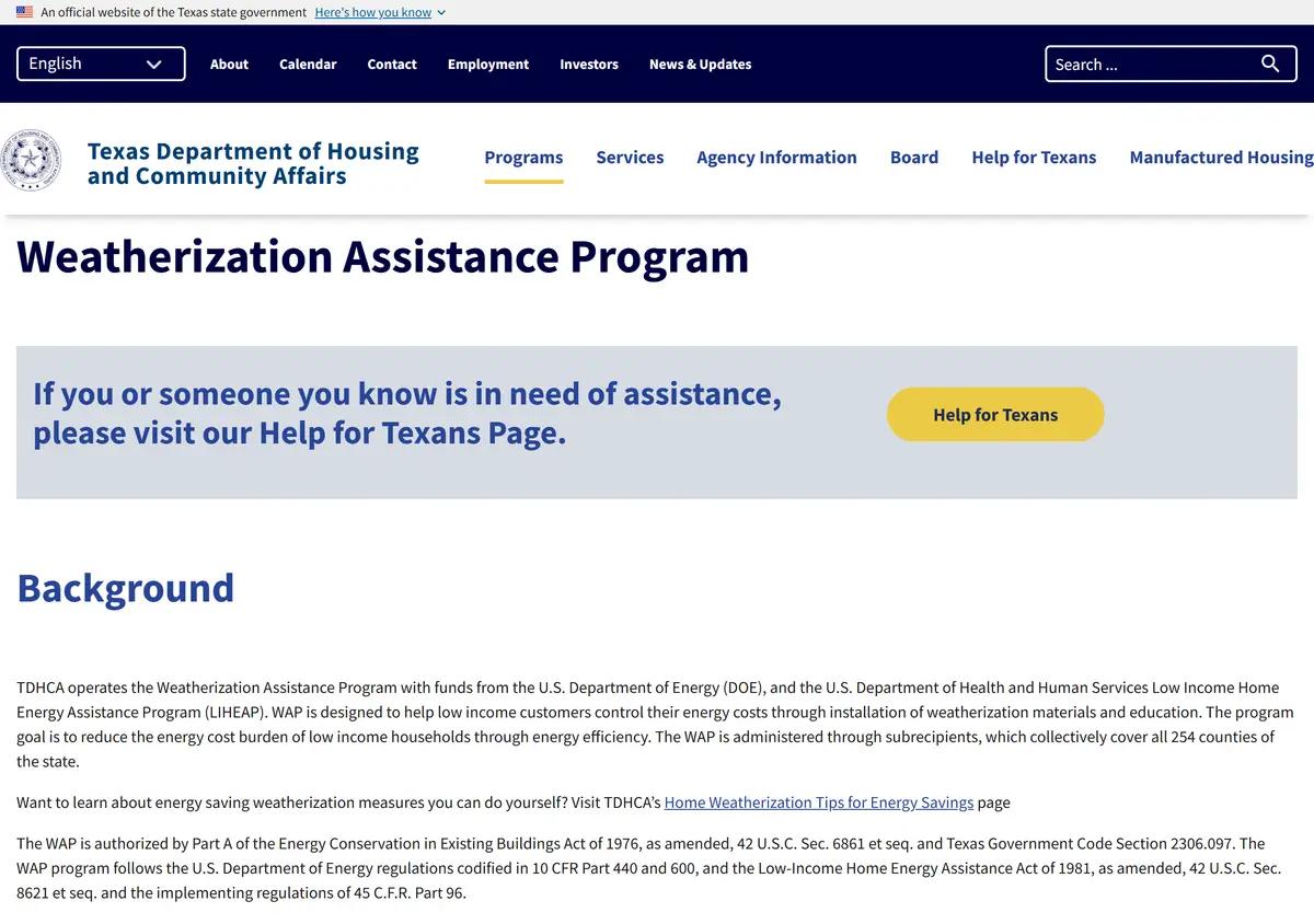 The Texas Weatherization Assistance Program page.