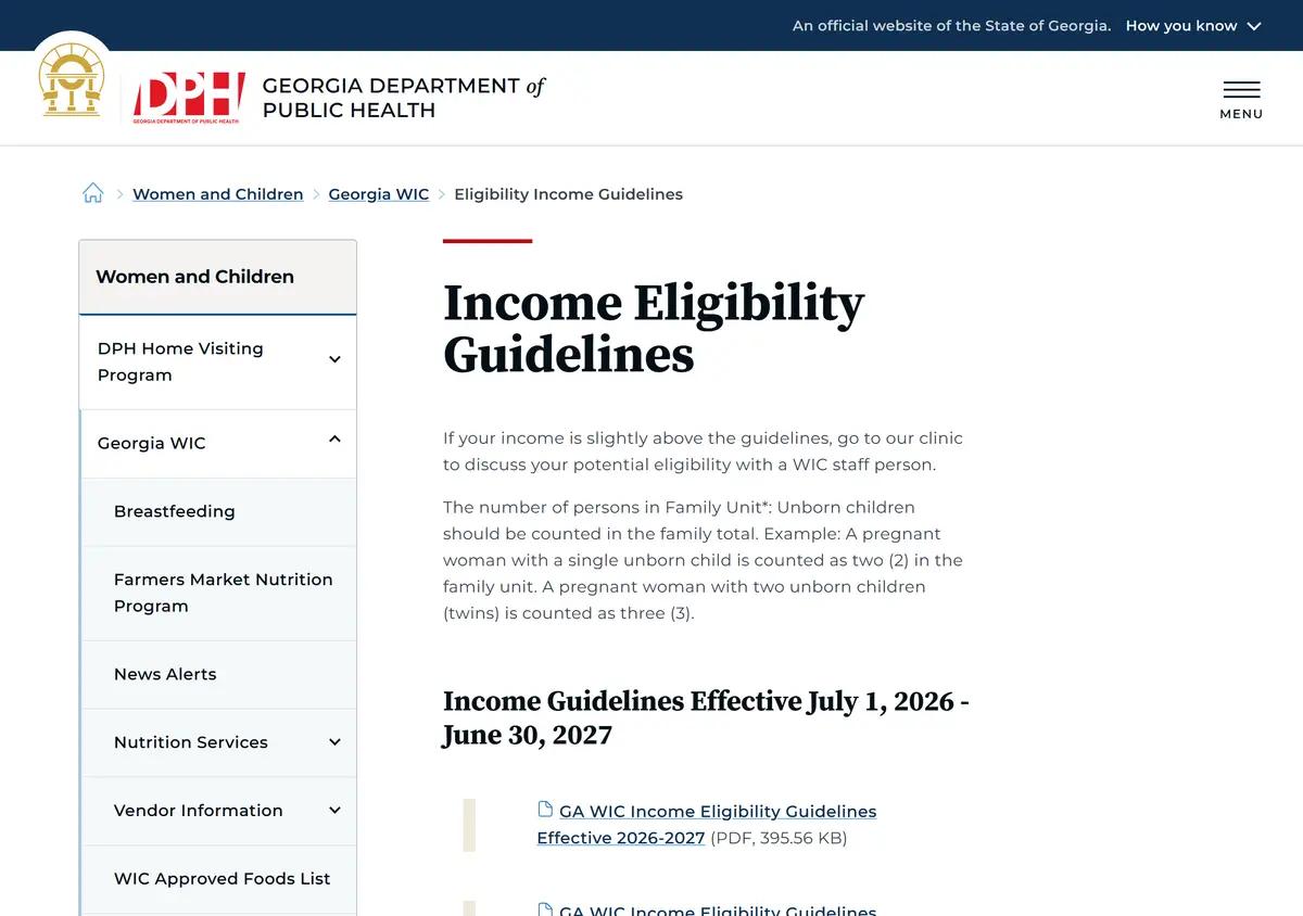 The Georgia WIC income guidelines page effective July 2026.
