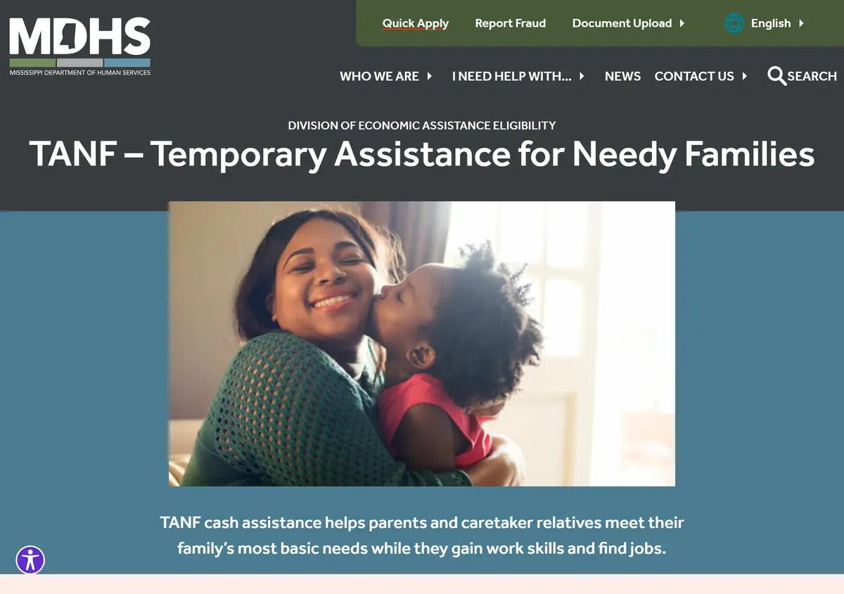 The Mississippi MDHS TANF program page.
