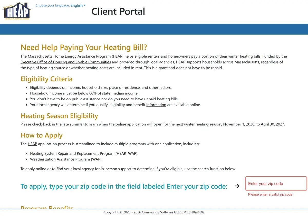 The Massachusetts HEAP application portal, which also serves weatherization.