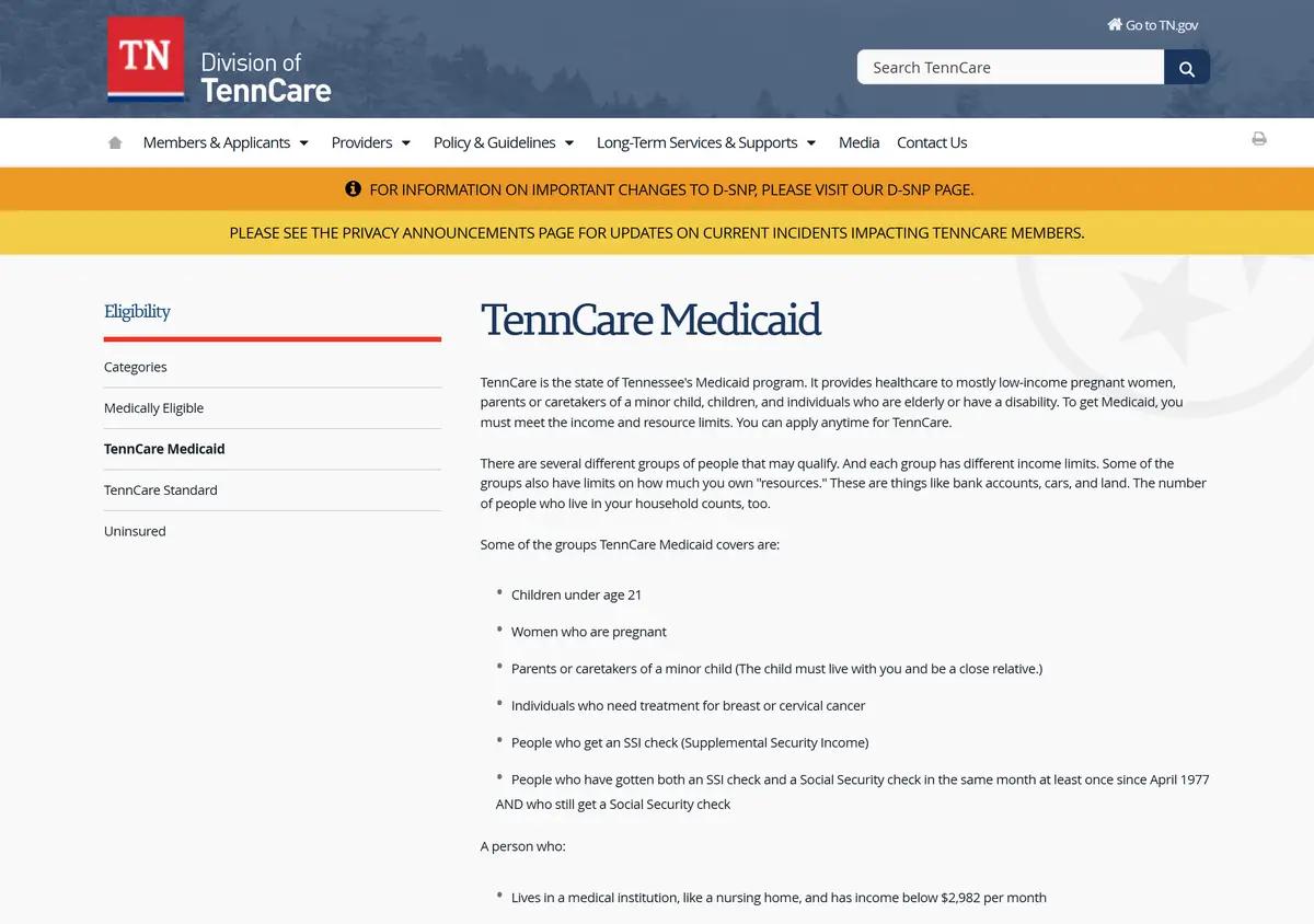 The TennCare Medicaid eligibility page.