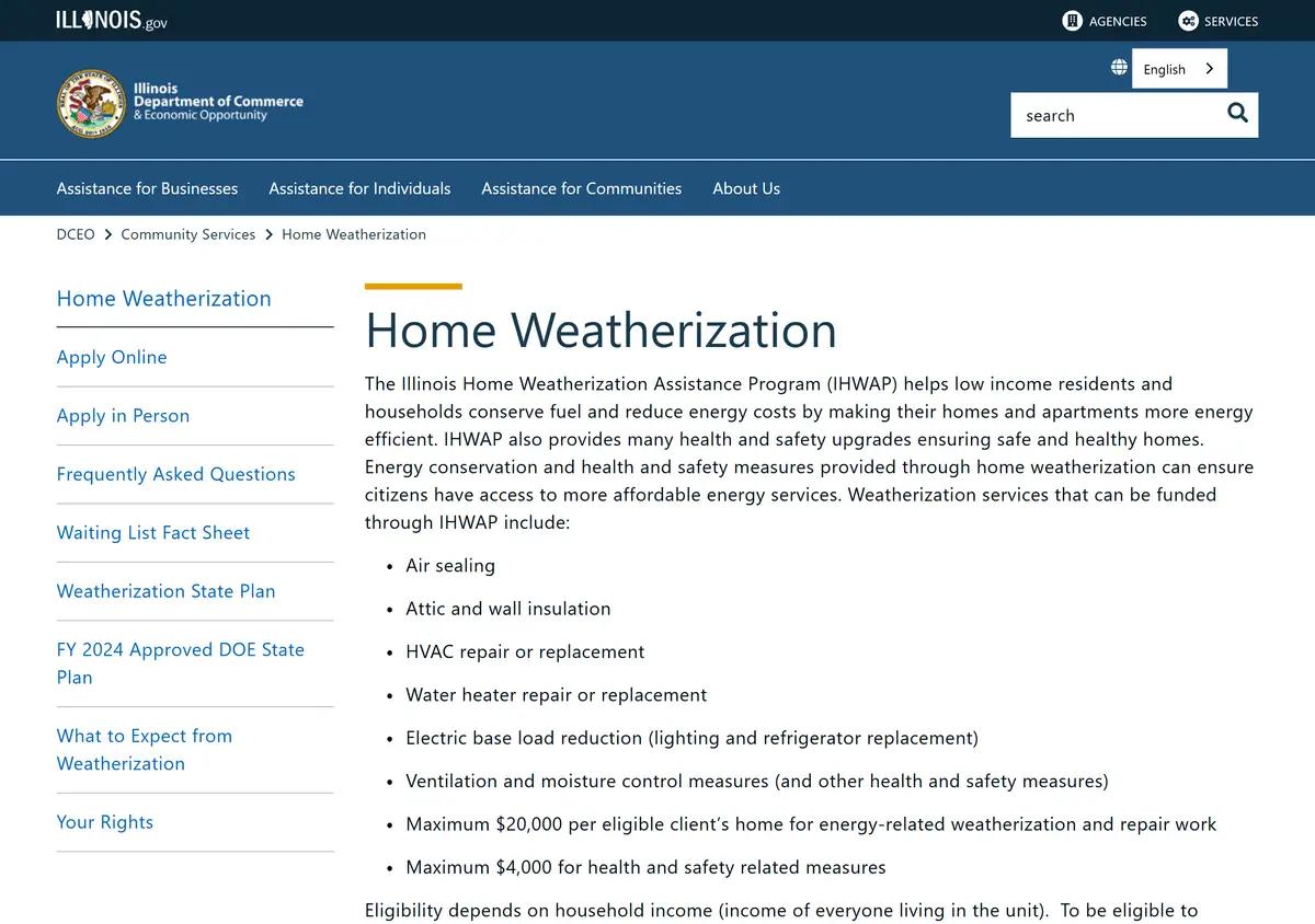 The Illinois DCEO home weatherization program page.