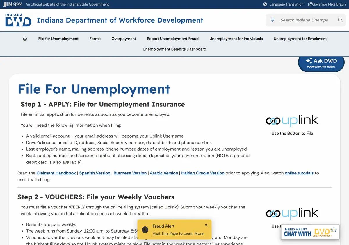 The Indiana DWD file-for-unemployment page.