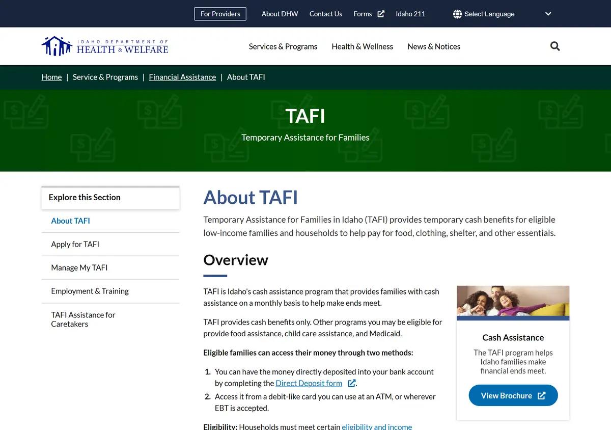 The Idaho Department of Health and Welfare About TAFI page.
