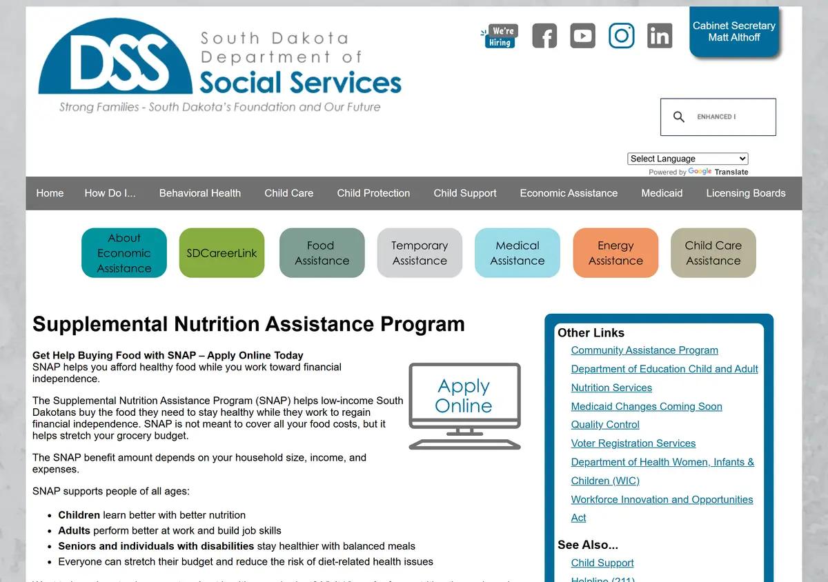The South Dakota DSS SNAP program page.