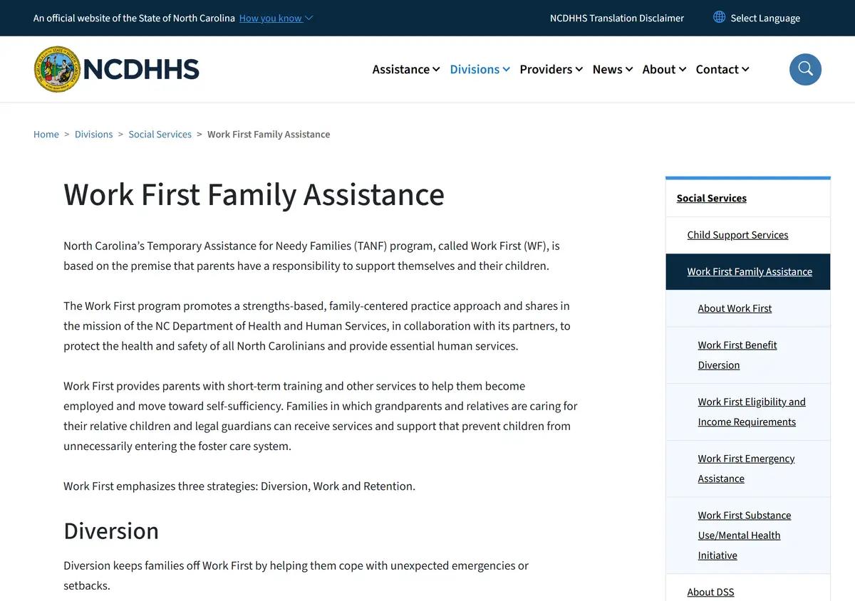 The NCDHHS Work First cash assistance program page.