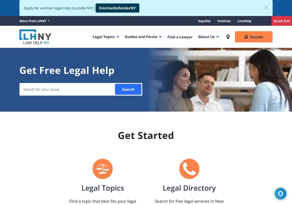 The LawHelpNY homepage with legal topics and the free legal services directory.