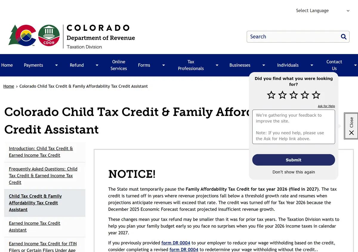 The Colorado Child Tax Credit page.