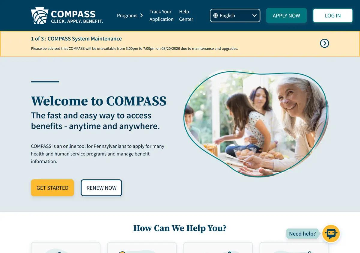 The COMPASS portal homepage where families apply for CHIP.