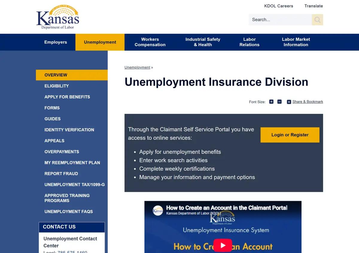 The Kansas Department of Labor unemployment overview page.